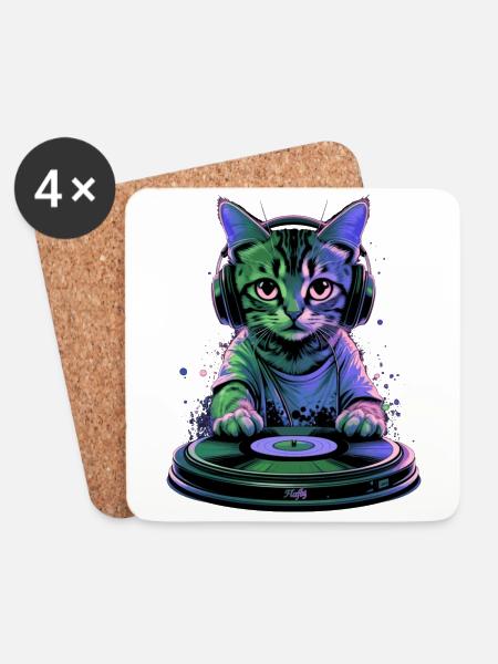 Kitty DJ 🎧 - Untersetzer (4er-Set) - Weiß