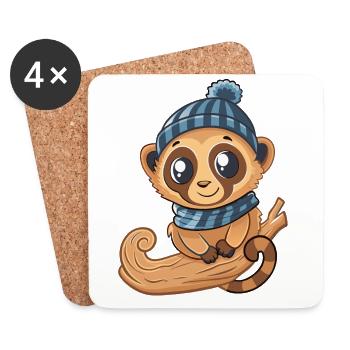 Cute lemur with scarf and bobble hat. - Coasters (set of 4) - white - Front