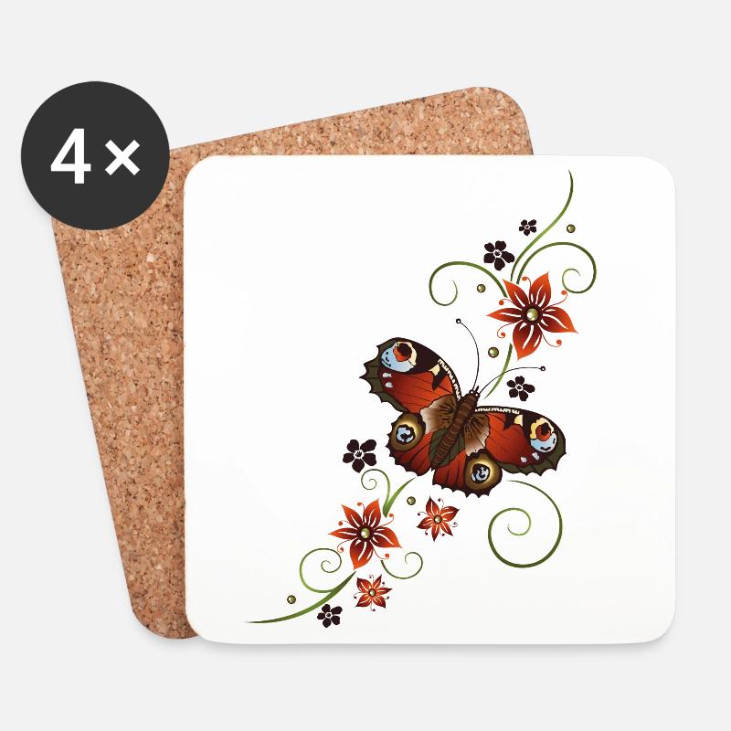 Tagpfauenauge mit Blumen und Tribal - Untersetzer (4er-Set) - Weiß