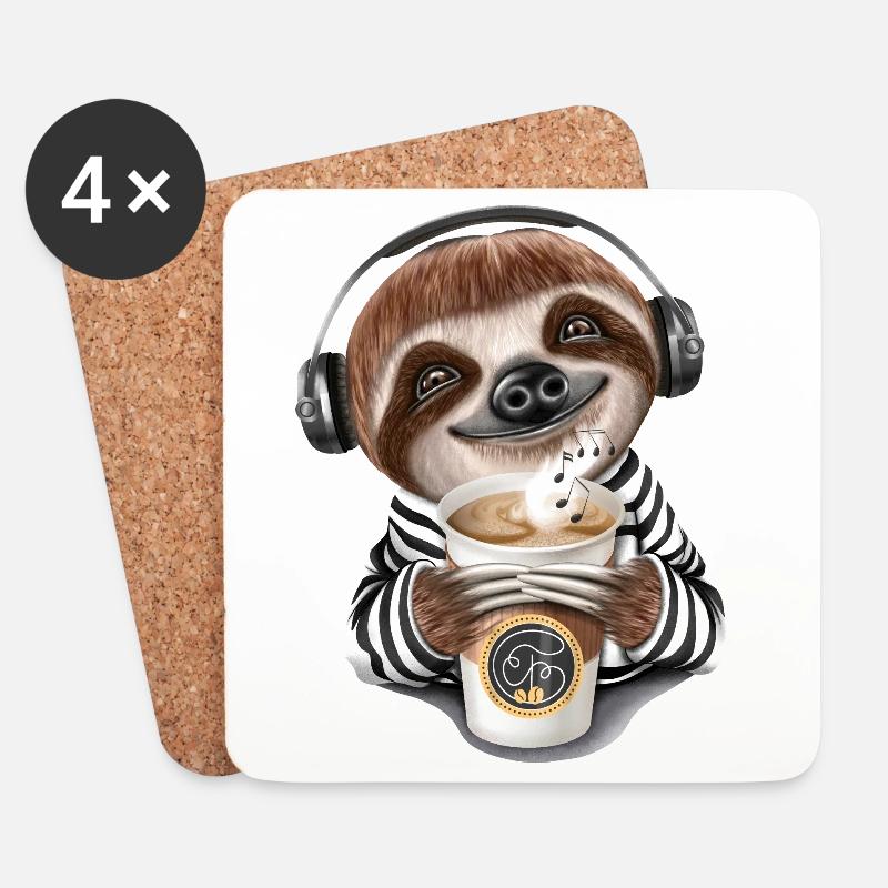 Lustiges Faultier Kaffee Kopfhörer Musik - Untersetzer (4er-Set) - Weiß