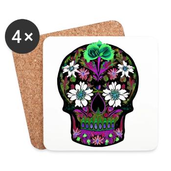Crâne en sucre floral | Journée des morts mexicaine - Dessous de verre (lot de 4) - blanc - Devant