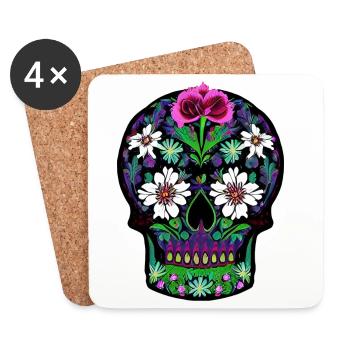 Crâne en sucre floral | Journée des morts mexicaine - Dessous de verre (lot de 4) - blanc - Devant