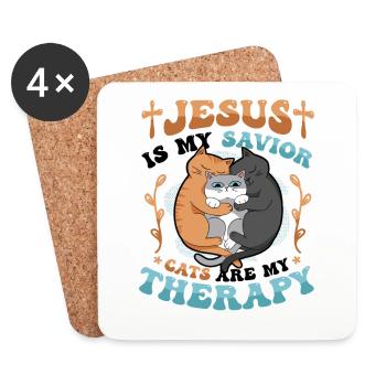 Jesus is my Savior, cats are my therapy. - Coasters (set of 4) - white - Front
