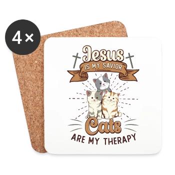 Jésus est mon Sauveur, les chats sont ma thérapie - Dessous de verre (lot de 4) - blanc - Devant