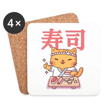 Cute Tabby Cat Chef And Japanese Sushi - Coasters (set of 4) - white - Front