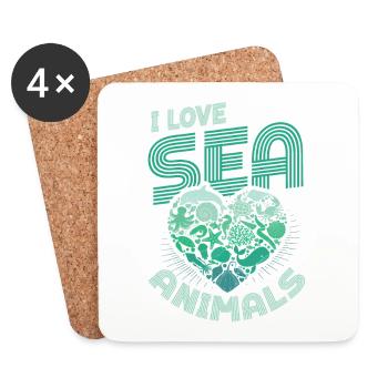 J’aime les créatures marines, en forme de cœur - Dessous de verre (lot de 4) - blanc - Devant