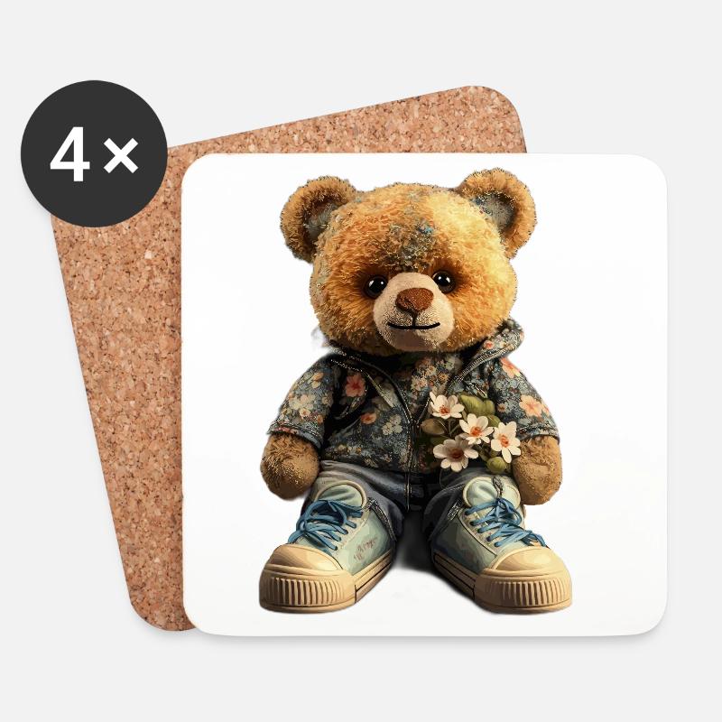 Blumenbär Hoodie mit Sneaker Teddybär - Untersetzer (4er-Set) - Weiß