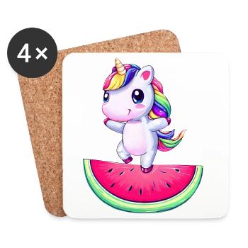 Licorne dansant sur pastèque - Drôle - Dessous de verre (lot de 4) - blanc - Devant