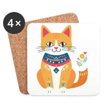 süße Folklore-Katze - Untersetzer (4er-Set) - Weiß - Vorne