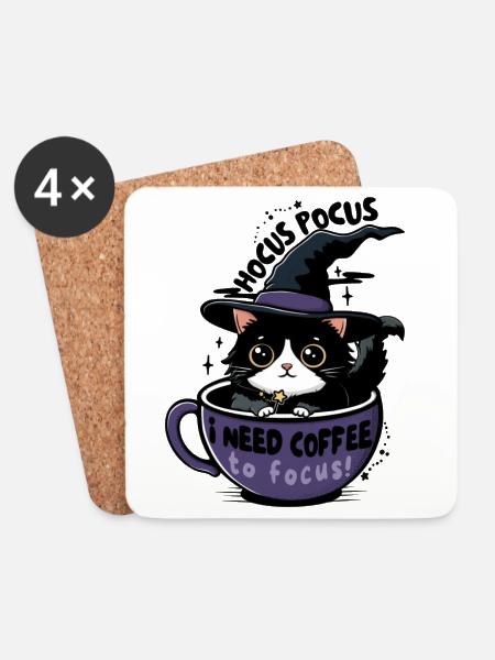 Coffee Witch Cat  - Coasters (set of 4) - white
