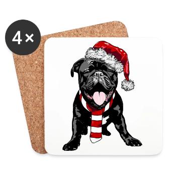 Mignon Frenchie avec chapeau et écharpe de Père Noël - Dessous de verre (lot de 4) - blanc - Devant
