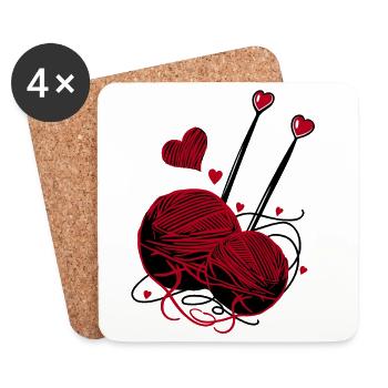 Laine, aiguilles à tricoter et cœurs – Handmade Fan - Dessous de verre (lot de 4) - blanc - Devant