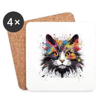 Chat symbole animal Pop Art tête - Dessous de verre (lot de 4) - blanc - Devant