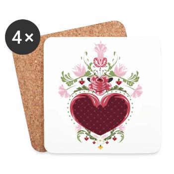Heart with Flowers – Peasant Painting Inspired Design - Coasters (set of 4) - white - Front