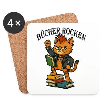 Punk-Katze: Bücher rocken! - Untersetzer (4er-Set) - Weiß - Vorne