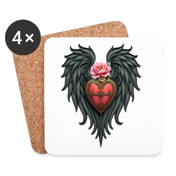Heart with Wings and Pink Flower - Coasters (set of 4) - white - Front
