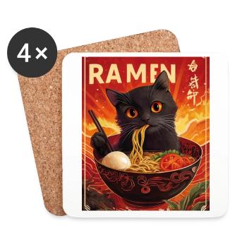 Le chat mange des nouilles ramen Japon - Dessous de verre (lot de 4) - blanc - Devant