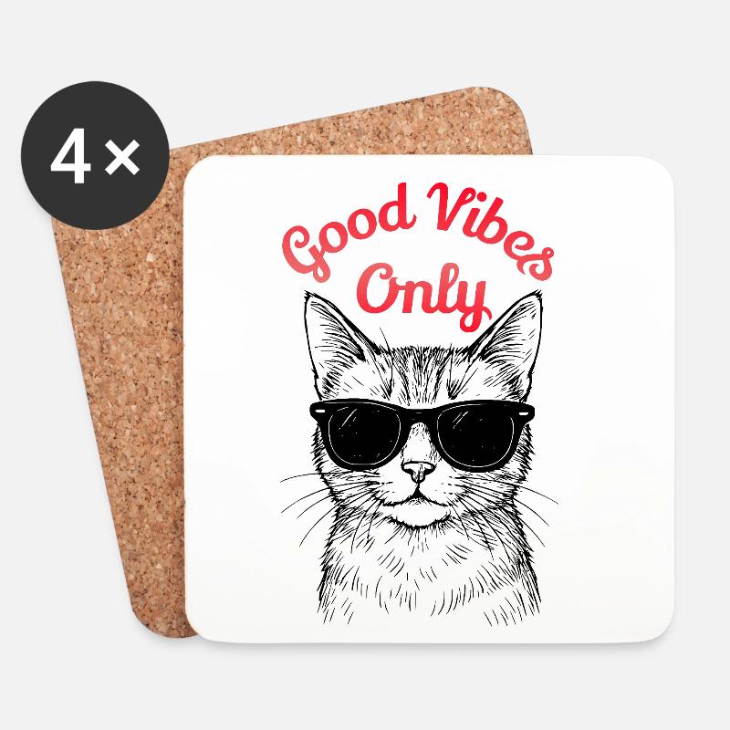 GoodVibesOnly – Coole Katzen Illustration - Untersetzer (4er-Set) - Weiß