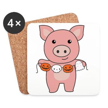 Cochon Happy Halloween Citrouille Chauve-souris Costume - Dessous de verre (lot de 4) - blanc - Devant