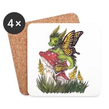 Dragon de la forêt sur champignon papillon mignon - Dessous de verre (lot de 4) - blanc - Devant