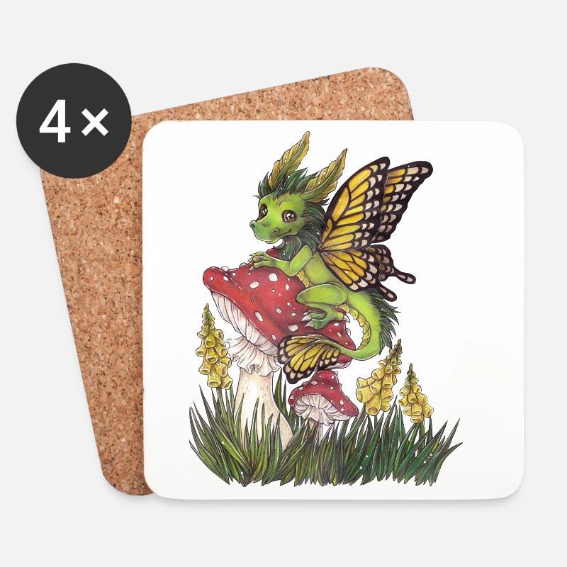 Walddrache auf Fliegenpilz Niedlich Schmetterling - Untersetzer (4er-Set) - Weiß