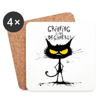 Grumpy Black Cat – Smiling Is for Beginners - Coasters (set of 4) - white - Front