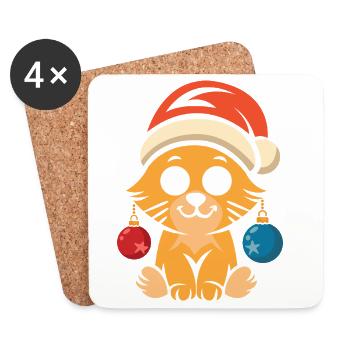 Mignon chat de Noël avec chapeau - Dessous de verre (lot de 4) - blanc - Devant