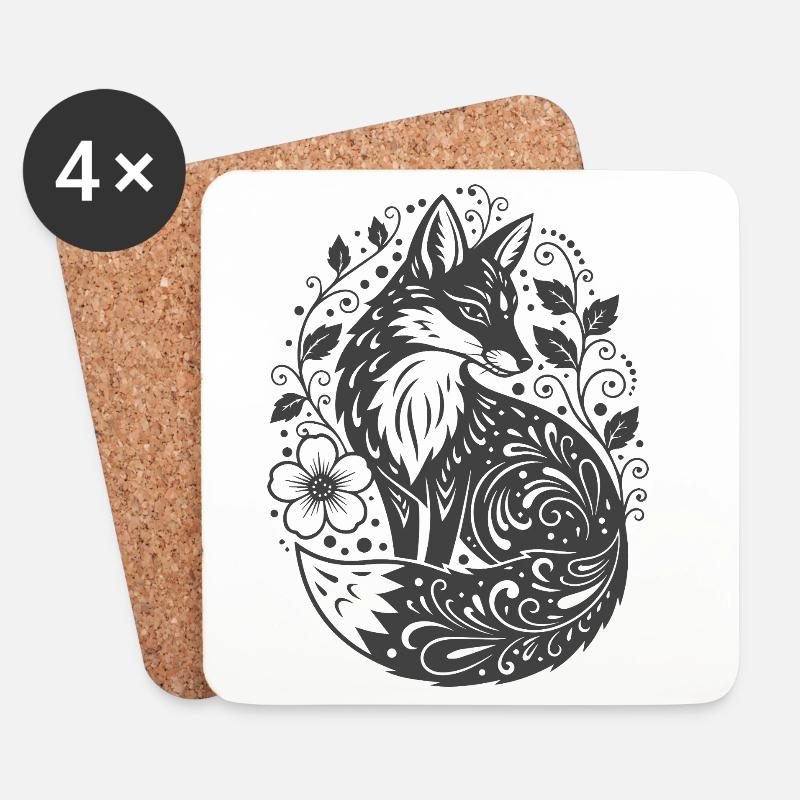 Ornamentfuchs mit Blütenranken - Untersetzer (4er-Set) - Weiß