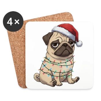 Carlin Père Noël drôle chien maladroit Noël - Dessous de verre (lot de 4) - blanc - Devant