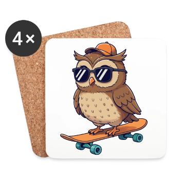 Funny Owl Skating on Skateboard Cartoon Skater - Coasters (set of 4) - white - Front