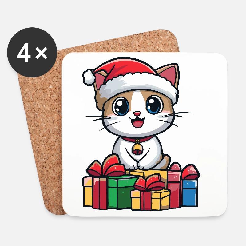 Katze Weihnachten Geschenke Kopf - Untersetzer (4er-Set) - Weiß