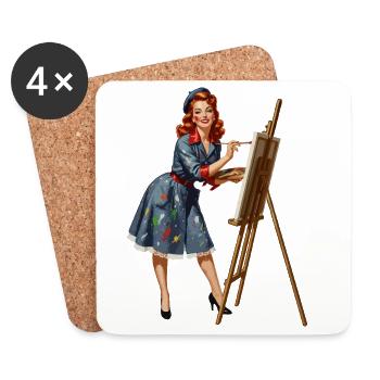 Peinture rétro pin-up sur toile - Dessous de verre (lot de 4) - blanc - Devant