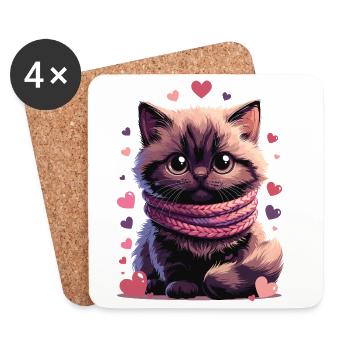 Chaton douillet écharpe rose - Dessous de verre (lot de 4) - blanc - Devant