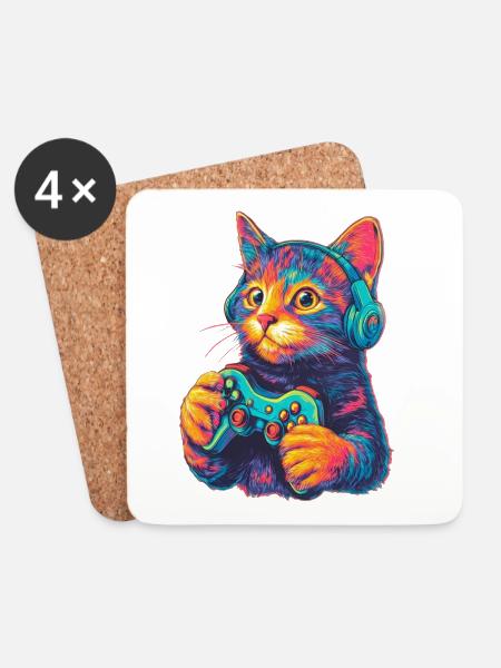 Lustige Katze Gaming Gamer  - Untersetzer (4er-Set) - Weiß