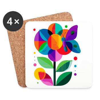 Fleur colorée et stylisée avec papillon - Dessous de verre (lot de 4) - blanc - Devant