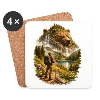 Hiker meets nature spirit – bear from forest landscape - Coasters (set of 4) - white - Front