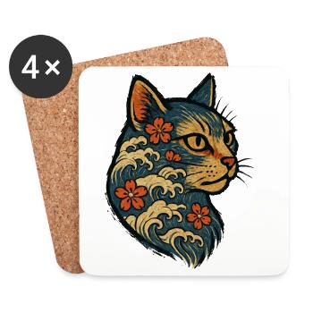 Chat Japonais Kanagawa Vagues Sakura - Dessous de verre (lot de 4) - blanc - Devant