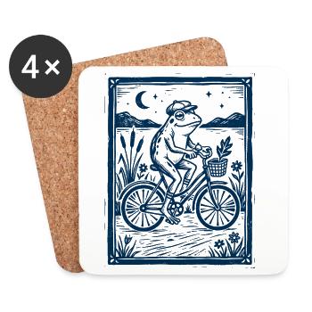 Frog on Bicycle – Woodcut Gift - Coasters (set of 4) - white - Front