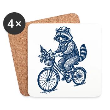 Waschbär auf Fahrrad Vintage Illustration - Untersetzer (4er-Set) - Weiß - Vorne