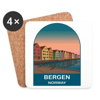 Art d’affiches de voyage vintage à Bergen, Norvège - Dessous de verre (lot de 4) - blanc - Devant