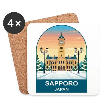 Tour de l’Horloge de Sapporo, Japon, Art de voyage vintage sur neige - Dessous de verre (lot de 4) - blanc - Devant