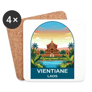 Illustration de voyage du temple vintage au Laos à Vientiane - Dessous de verre (lot de 4) - blanc - Devant