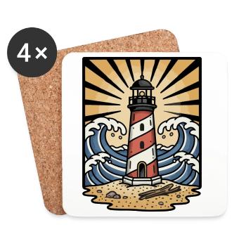 Leuchtturm, Meereswellen, Sonne, Retro-Tattoo - Untersetzer (4er-Set) - Weiß - Vorne