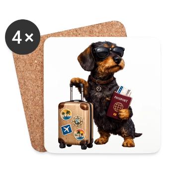 Motif teckel Holiday – Chien drôle avec valise et - Dessous de verre (lot de 4) - blanc - Devant