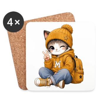 Kawaii-Kätzchen im gelben Hoodie - Untersetzer (4er-Set) - Weiß - Vorne