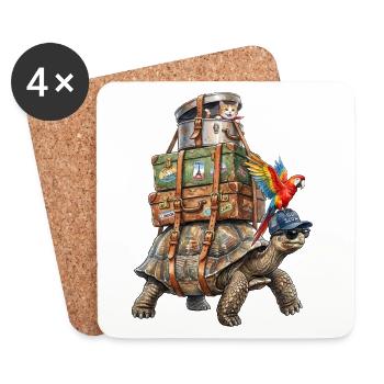 Tortue voyageant avec chat et perroquet - Dessous de verre (lot de 4) - blanc - Devant