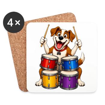 Excited Dog Playing Four Piece Drums - Coasters (set of 4) - white - Front