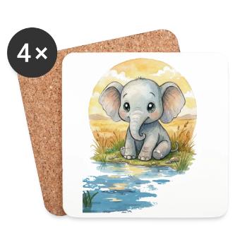 Kleiner Elefant am Wasserloch – Aquarell - Untersetzer (4er-Set) - Weiß - Vorne