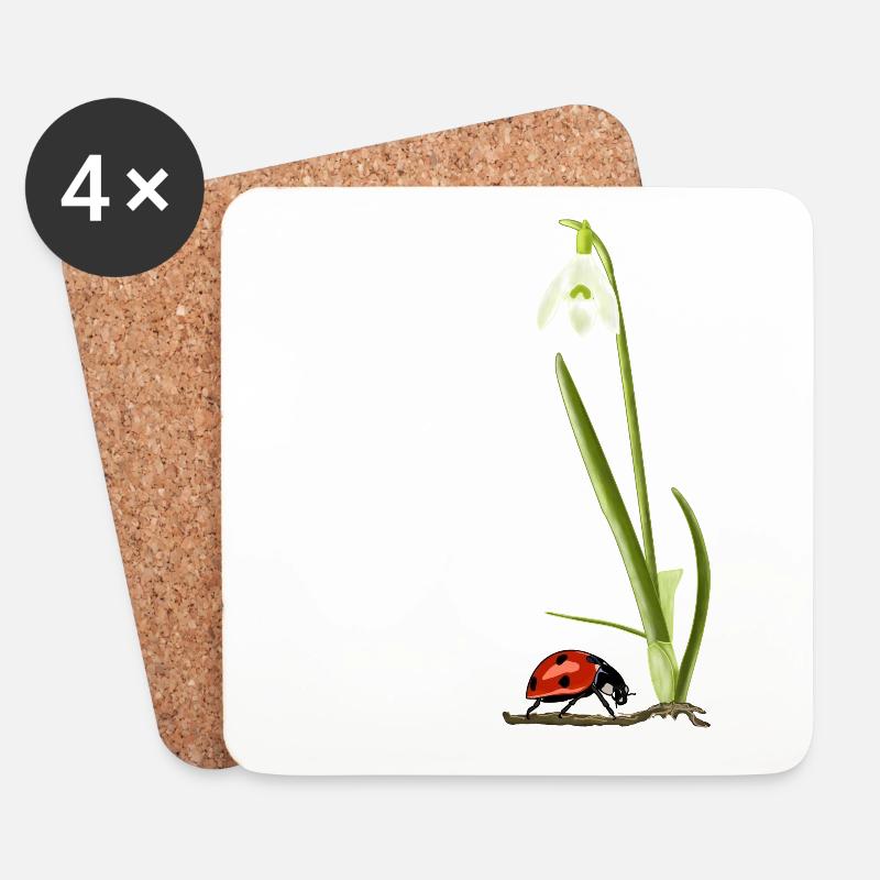 Frühling, Schneeglöckchen, Marienkäfer - Untersetzer (4er-Set) - Weiß
