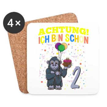 Achtung Ich Bin Schon 2 Geburtstag Gorilla - Untersetzer (4er-Set) - Weiß - Vorne
